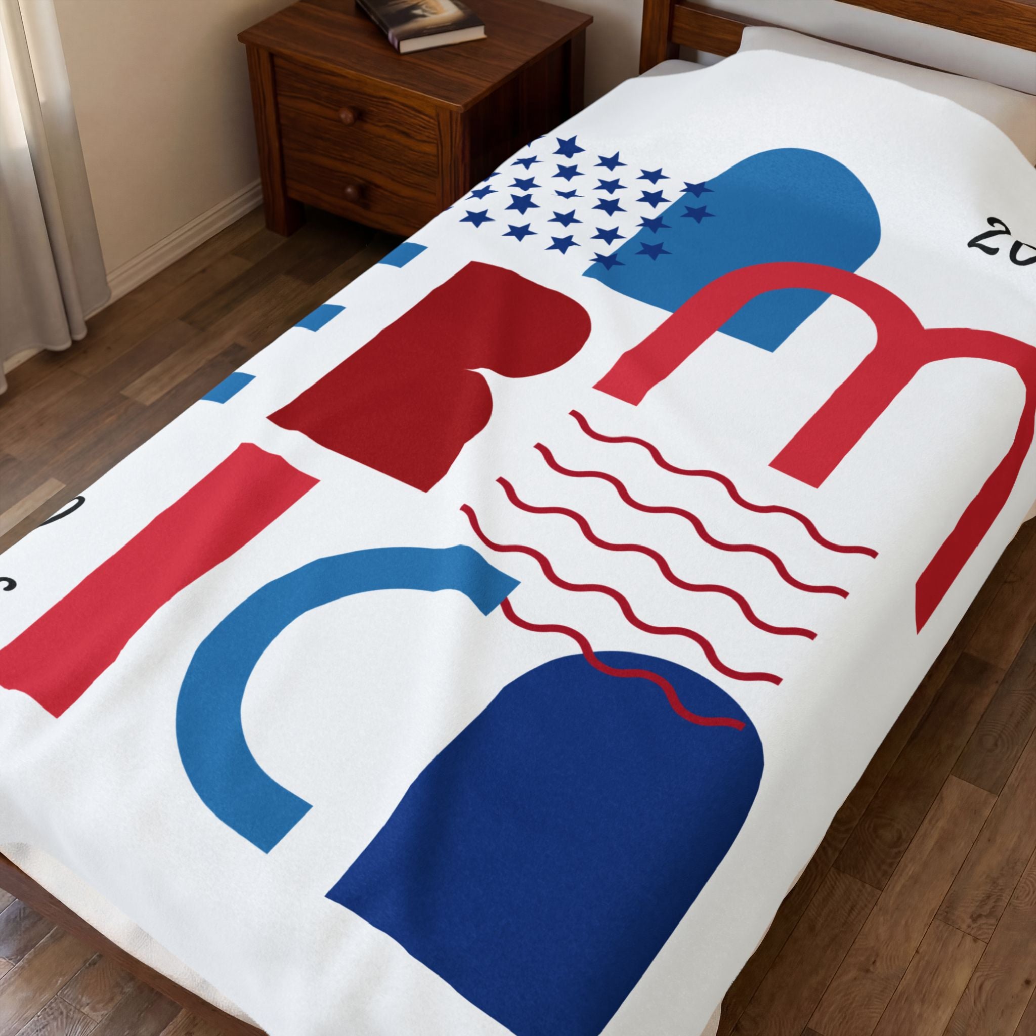 Americana Abstract Velveteen Plush Blanket — Red White Blue Modern Stars & Waves