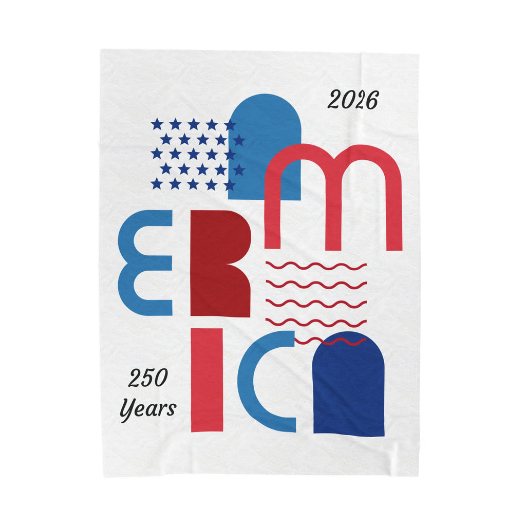 Americana Abstract Velveteen Plush Blanket — Red White Blue Modern Stars & Waves