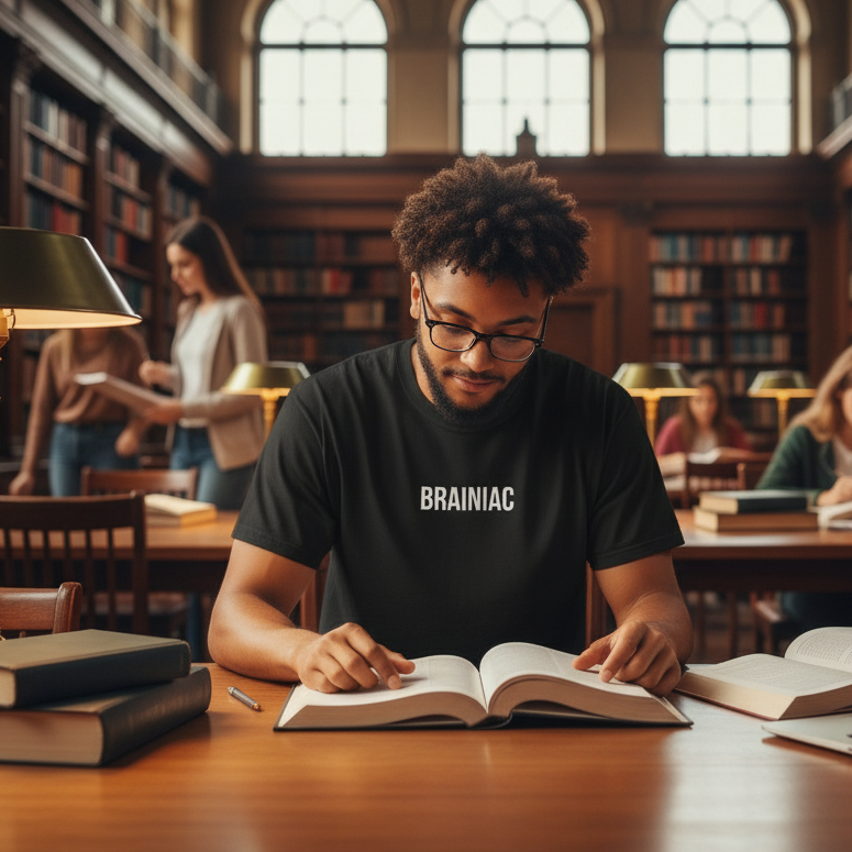 Person wearing a 'BRAINIAC' shirt reading a book in a library.