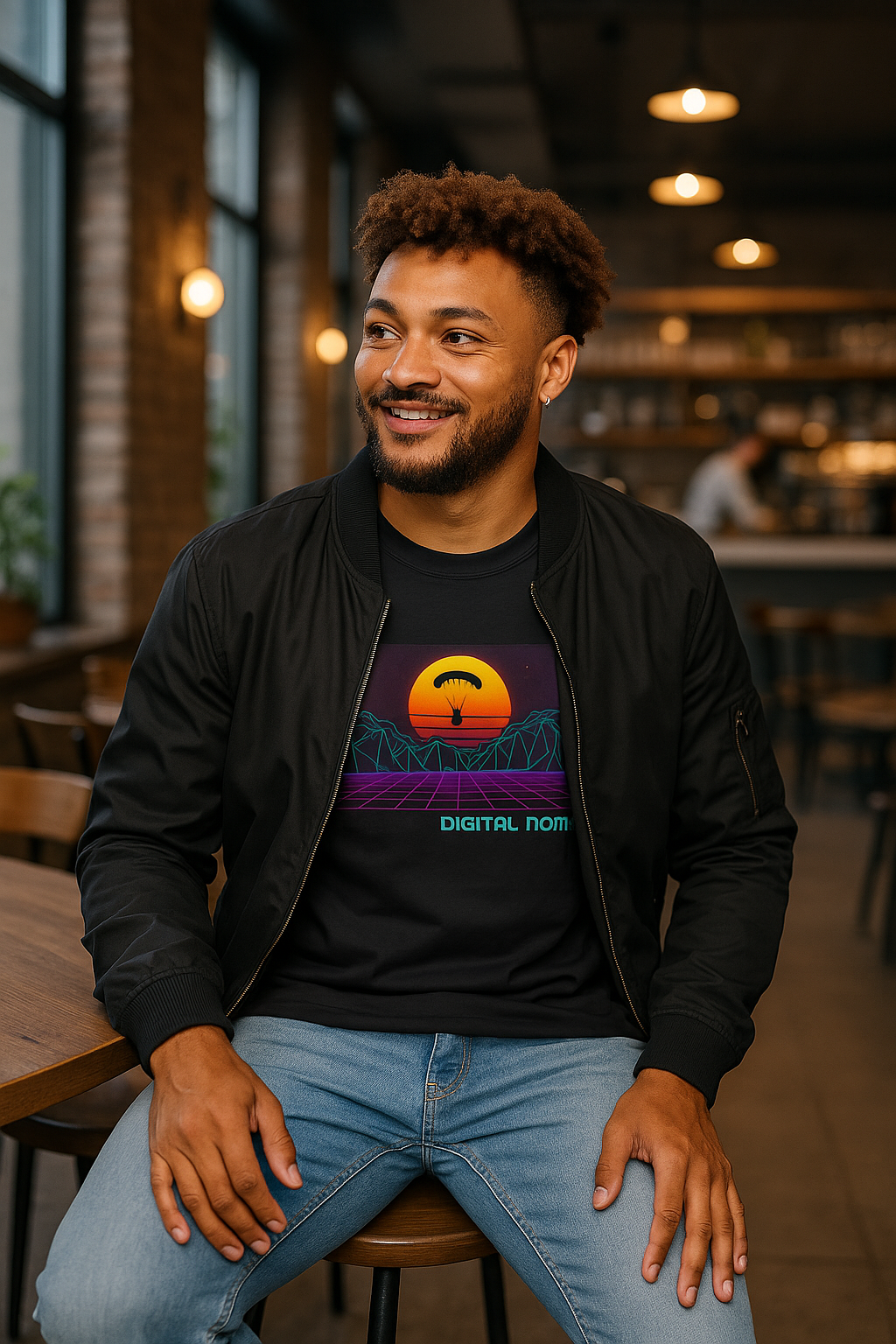 Man wearing a black t-shirt with a colorful graphic design sitting in a restaurant.