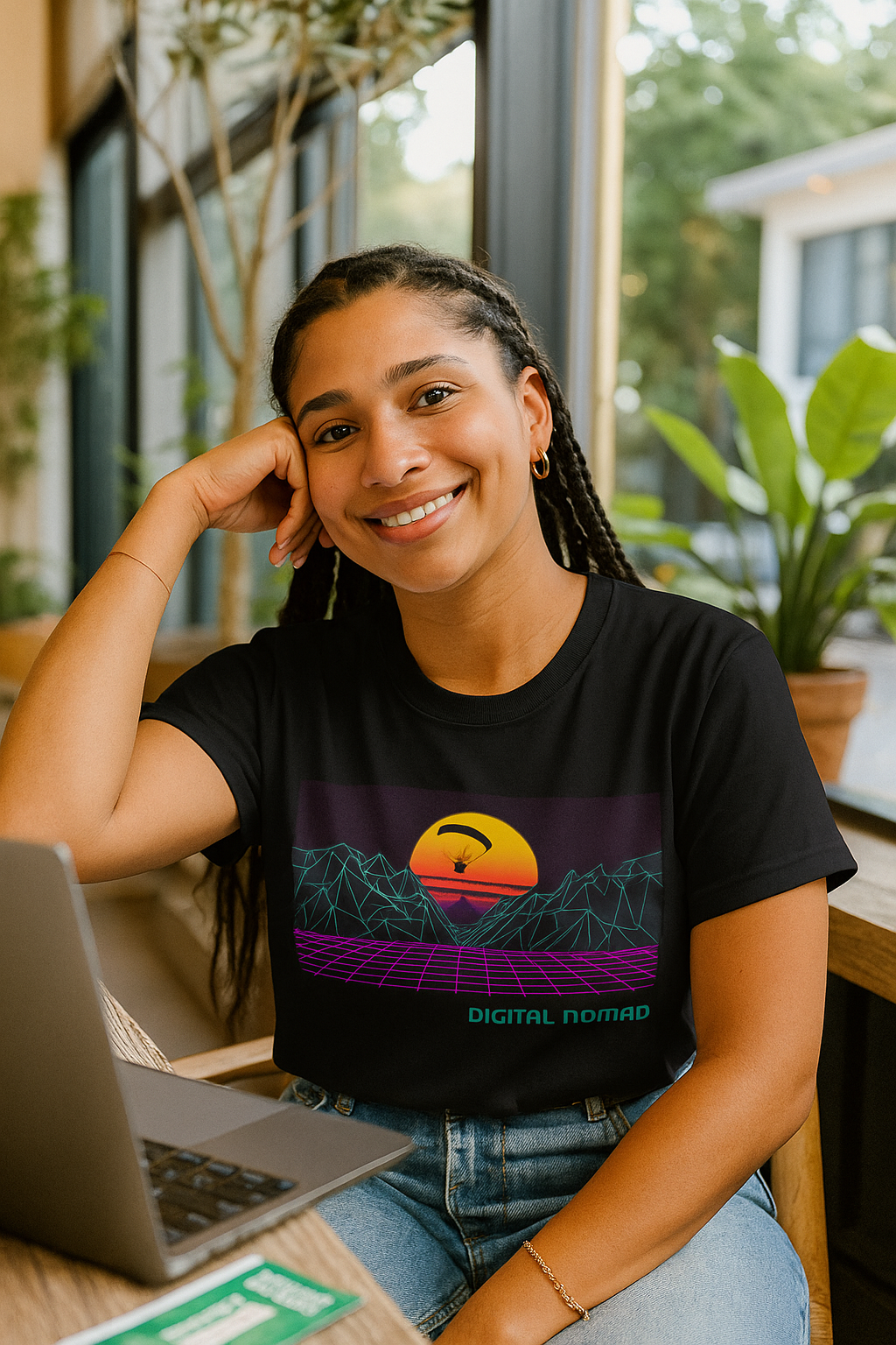 Woman wearing a black t-shirt with a colorful graphic design, sitting at a desk with a laptop.