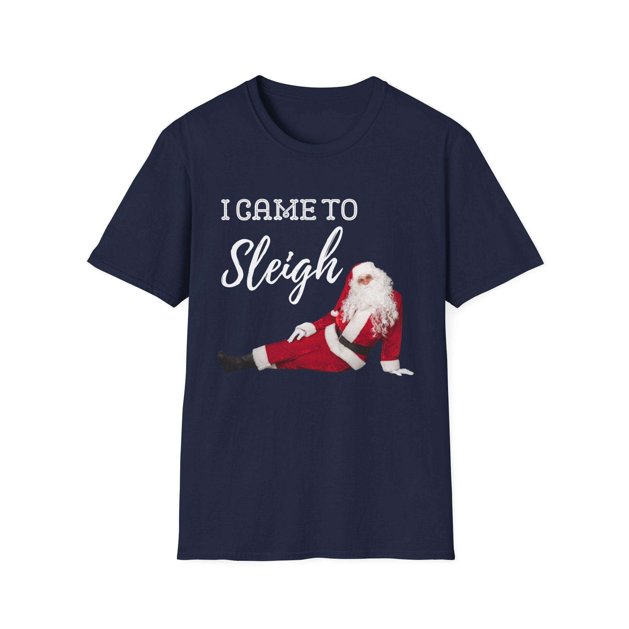 Navy blue t-shirt with Santa Claus graphic and text 'I Game to Sleigh' on a white background