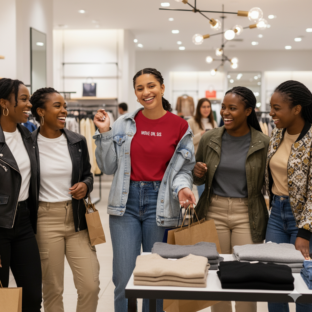 Diverse group of women laughing and shopping, one wearing a red "MOVE ON, SIS" t-shirt