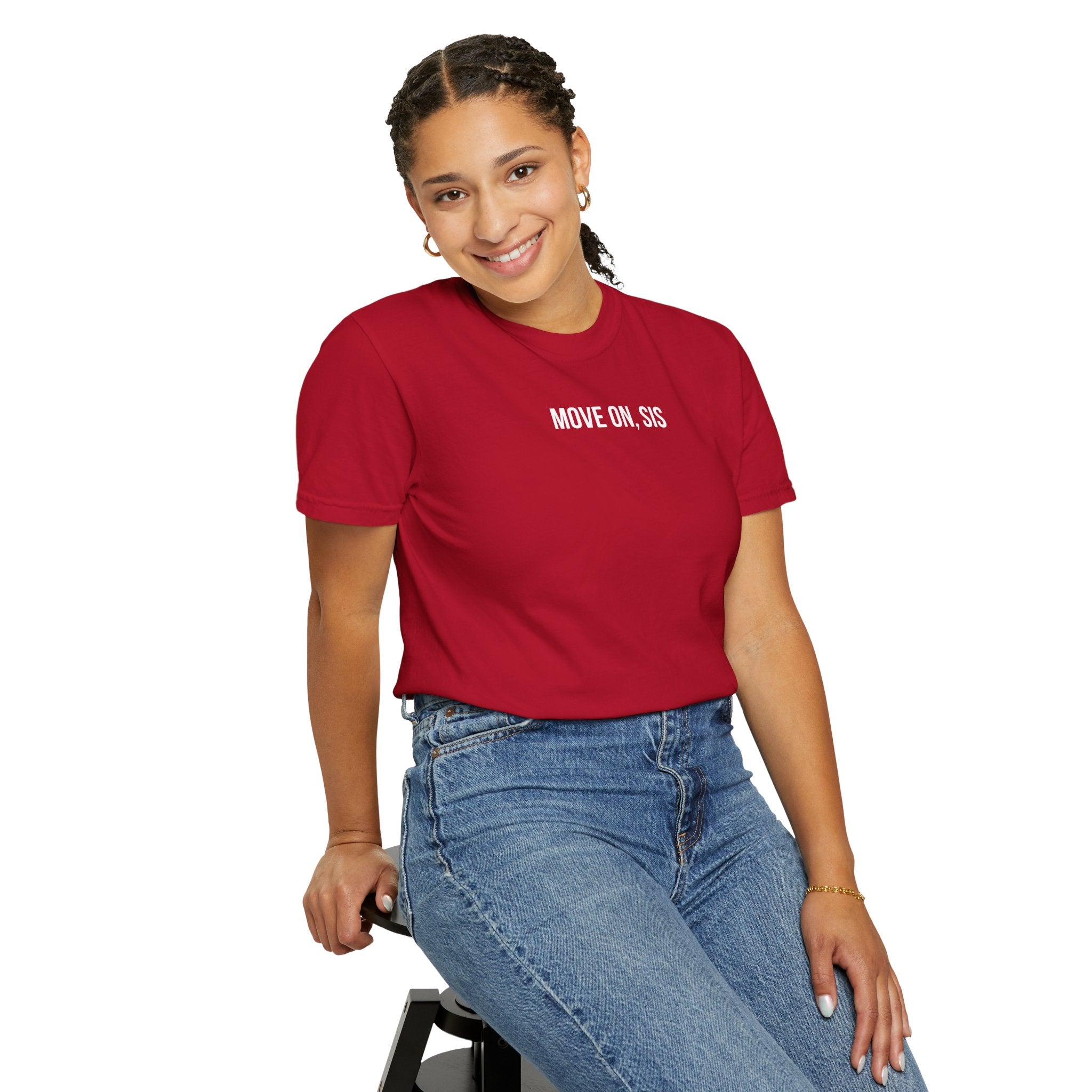 Woman smiling in red "MOVE ON, SIS" Comfort Colors 1717 t-shirt